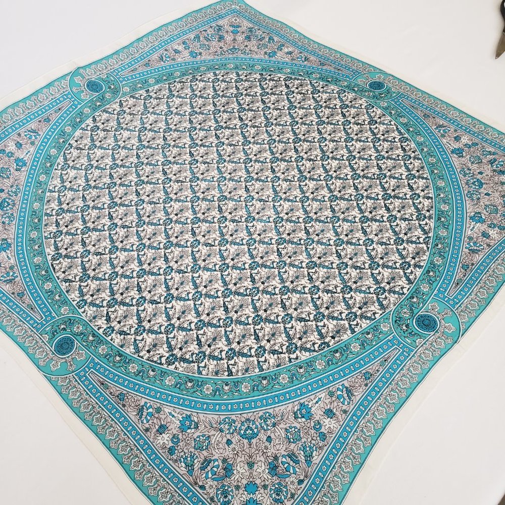 Vintage Oscar De La Renta Indienne Print Scarf-30x30-100% Silk-Turquoise/White